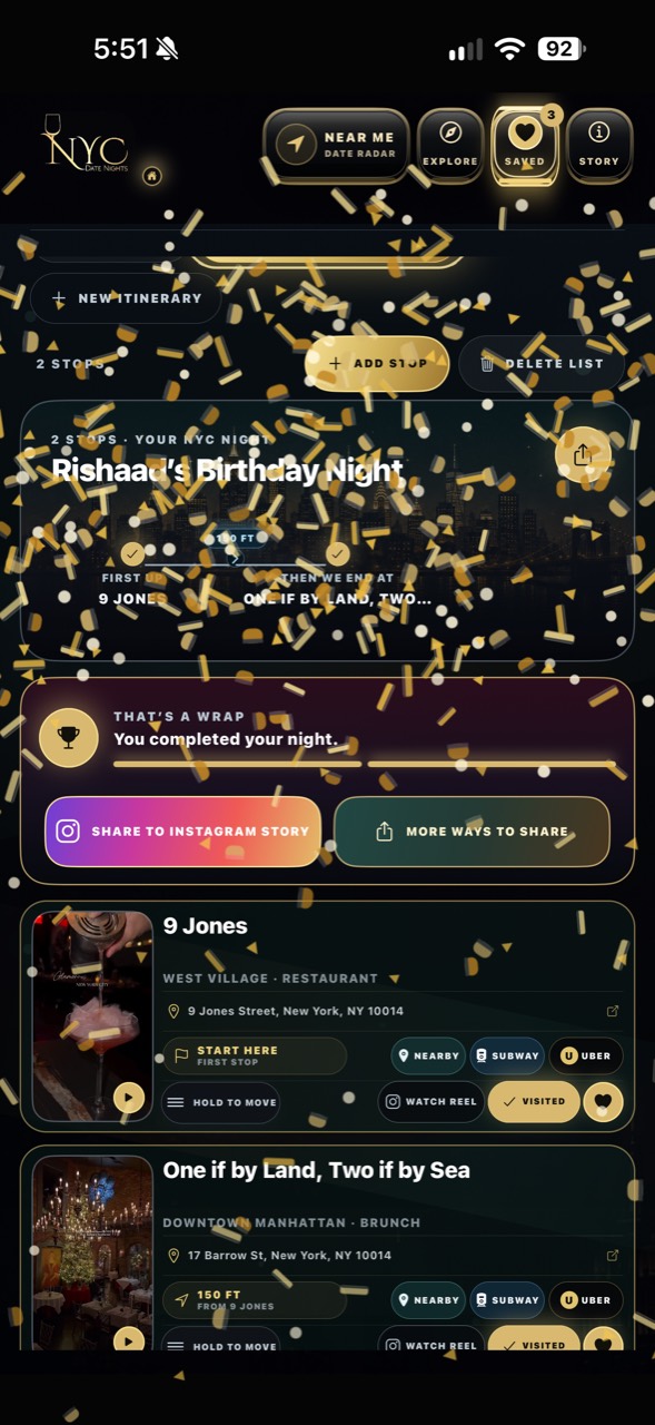The app’s real completed-night confetti celebration
