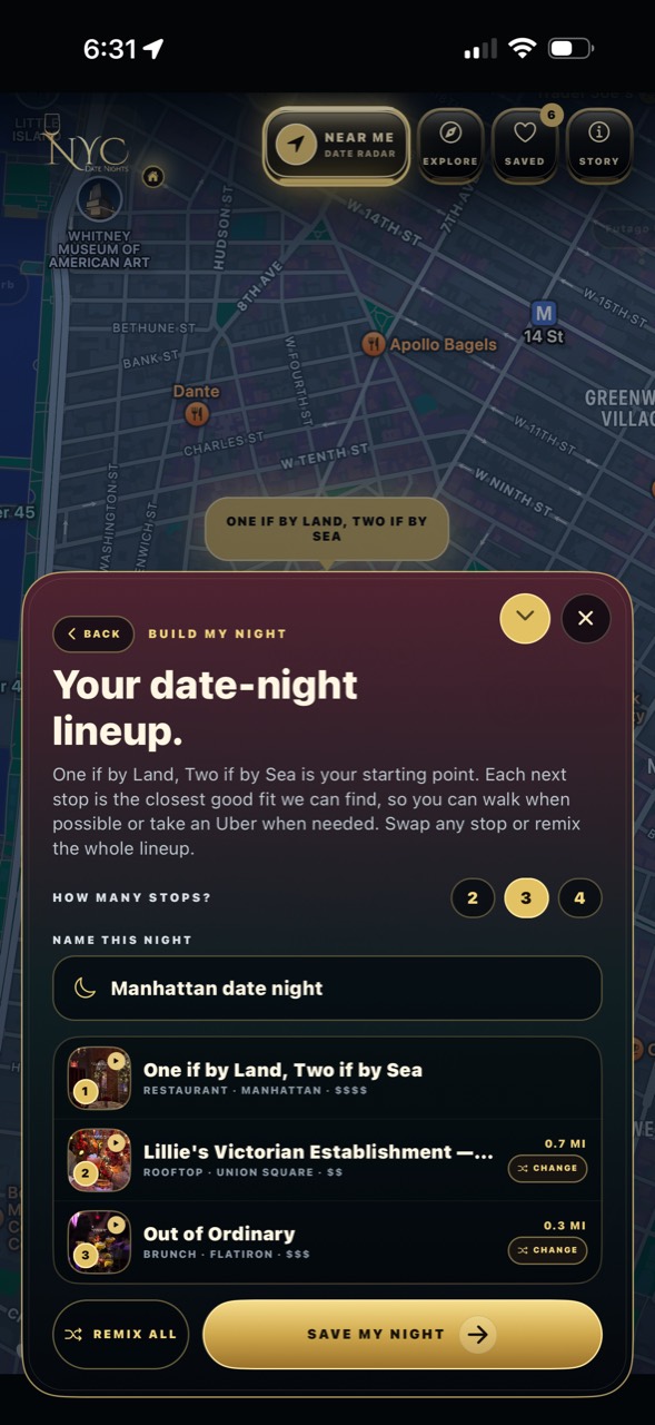 The app changing a stop in an automatically generated date-night itinerary