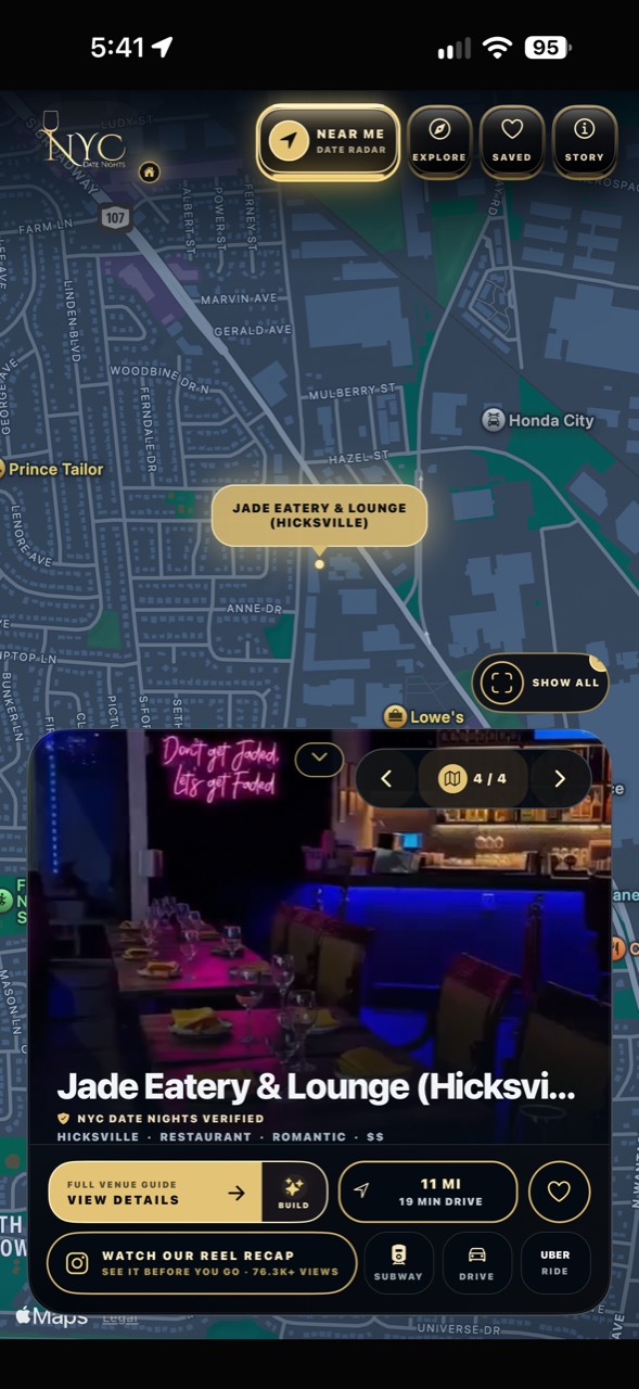 Jade Eatery and Lounge Reel preview playing inside the NYC Date Nights app
